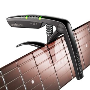 JOWOOM Grabtune Acoustic Guitar Capo-Tuner | 2 In 1 Equipment | Precise and Accurate Tuning System | Full Color LED Edge Lighting Display | USB Rechargeable Battery | Chrome Plating (Black)