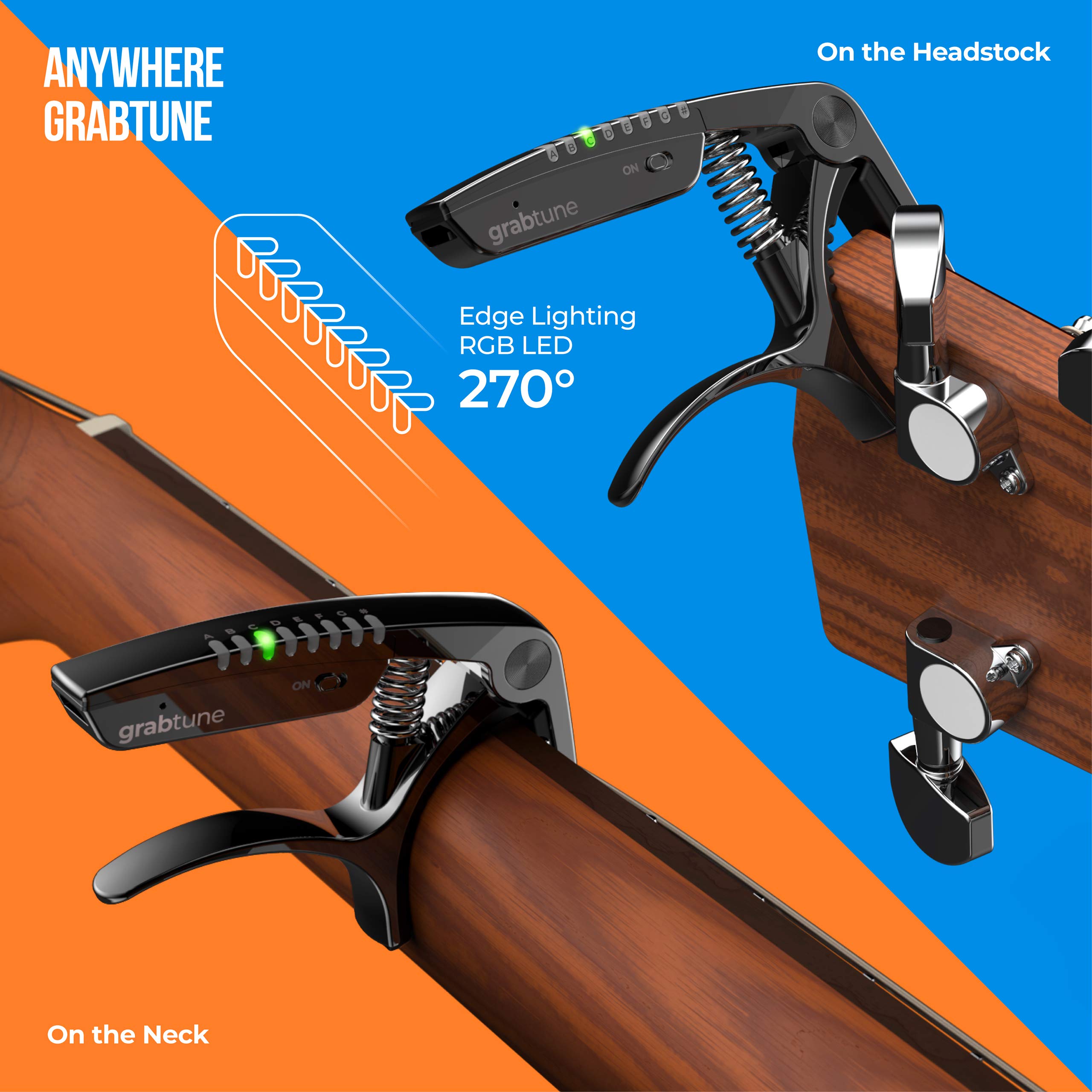 JOWOOM Grabtune Acoustic Guitar Capo-Tuner | 2 In 1 Equipment | Precise and Accurate Tuning System | Full Color LED Edge Lighting Display | USB Rechargeable Battery | Chrome Plating (Black)