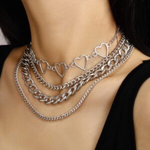 Aimimier Punk Link Chain Choker Necklace Set 4Pcs Hollow Heart Choker Hiphop Chunky Chain for Women