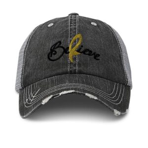 custom distressed trucker hat cancer gold ribbon childhood embroidery cotton for men & women strap closure black gray design only