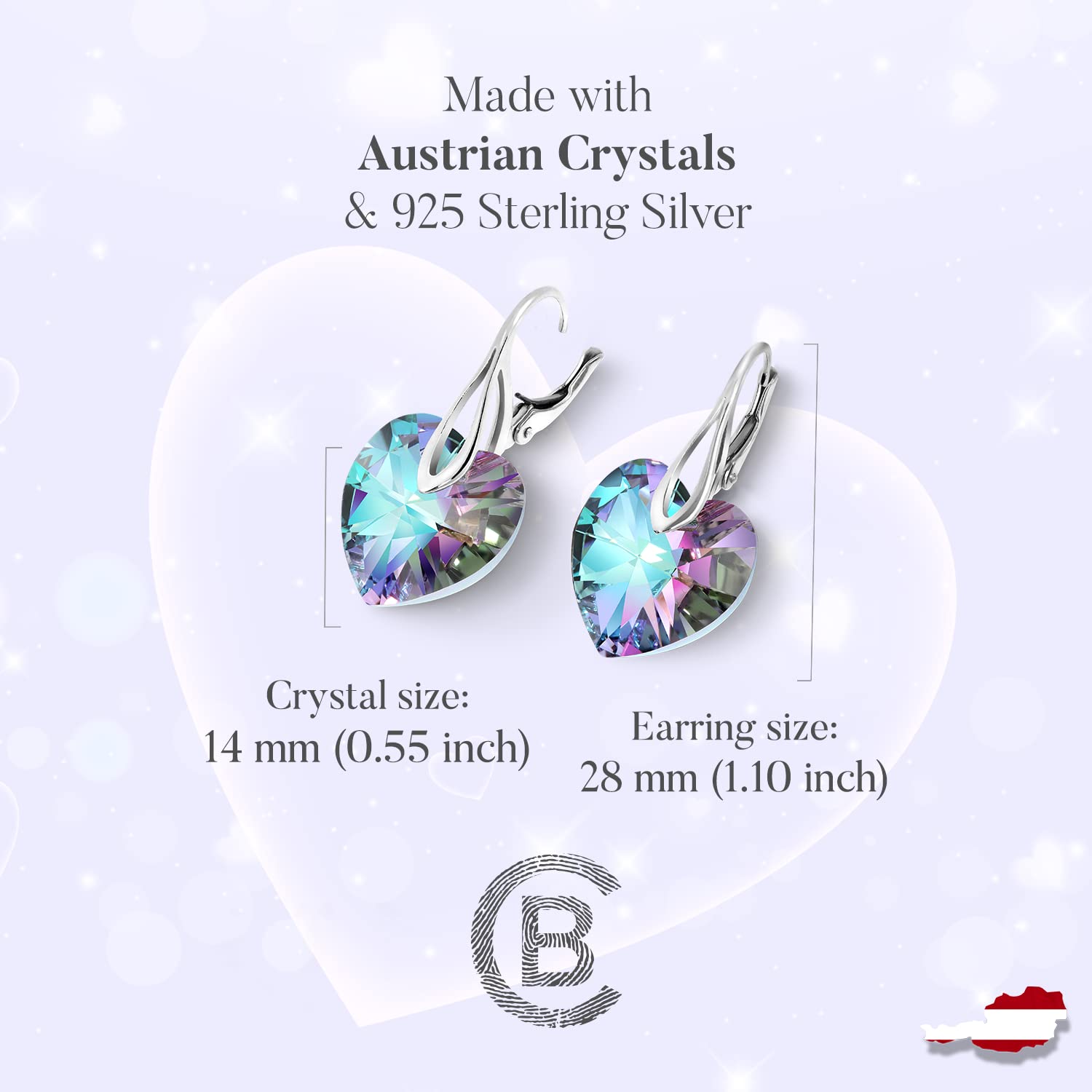 Chic Bijoux Heart Shaped Earrings for Women - Made with 925 Sterling Silver and Austrian Crystals - Birthday Ideas for Mom, Hypoallergenic Jewelry, Purple