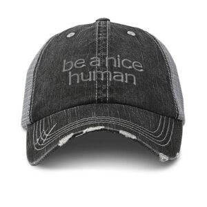 custom distressed trucker hat be a nice human embroidery cotton for men & women strap closure black gray design only