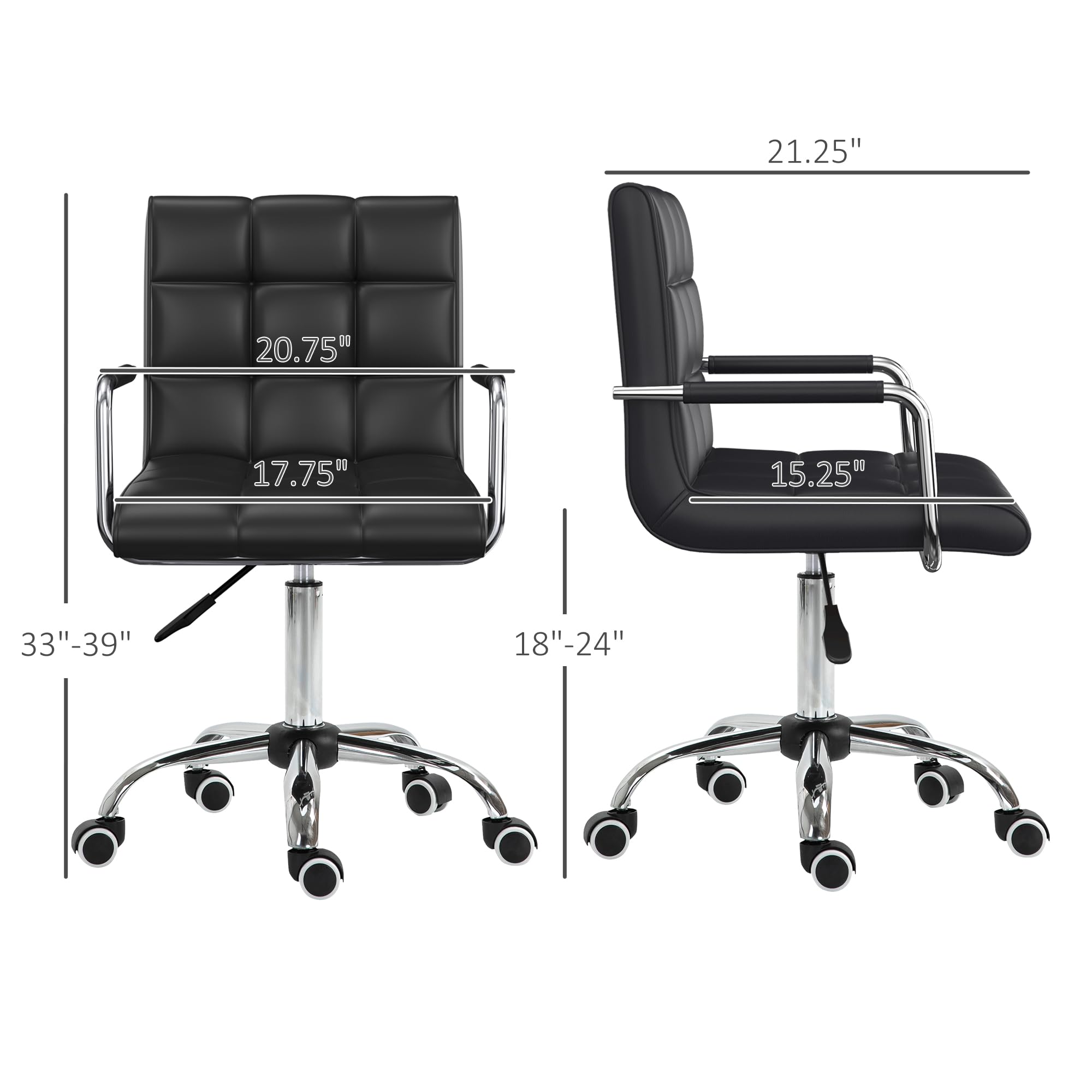 HOMCOM Home Office Chair, Modern Computer Desk Chair, Task Chair with Upholstered PU Leather, Adjustable Height, Swivel Wheels, Black