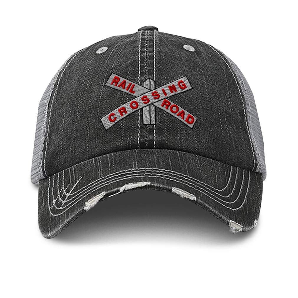 Speedy Pros Distressed Trucker Hat Railroad Crossing Embroidery for Men & Women Black Gray