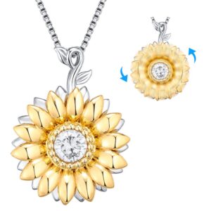 Aniu Graduation Gifts Golden Rotatable Sunshine Sunflower Pendant Necklace for Women, S925 Sterling Silver You Are My Sunshine Jewelry with 5A Cubic Zirconia (Gold) (White)