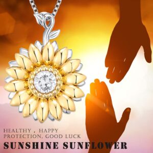 Aniu Graduation Gifts Golden Rotatable Sunshine Sunflower Pendant Necklace for Women, S925 Sterling Silver You Are My Sunshine Jewelry with 5A Cubic Zirconia (Gold) (White)