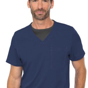 Med Couture Men's V-Neck Scrub Top, Tuckable Cadence One Pocket Scrub Top With 2-Way Stretch Technology MC7478, XL, Navy