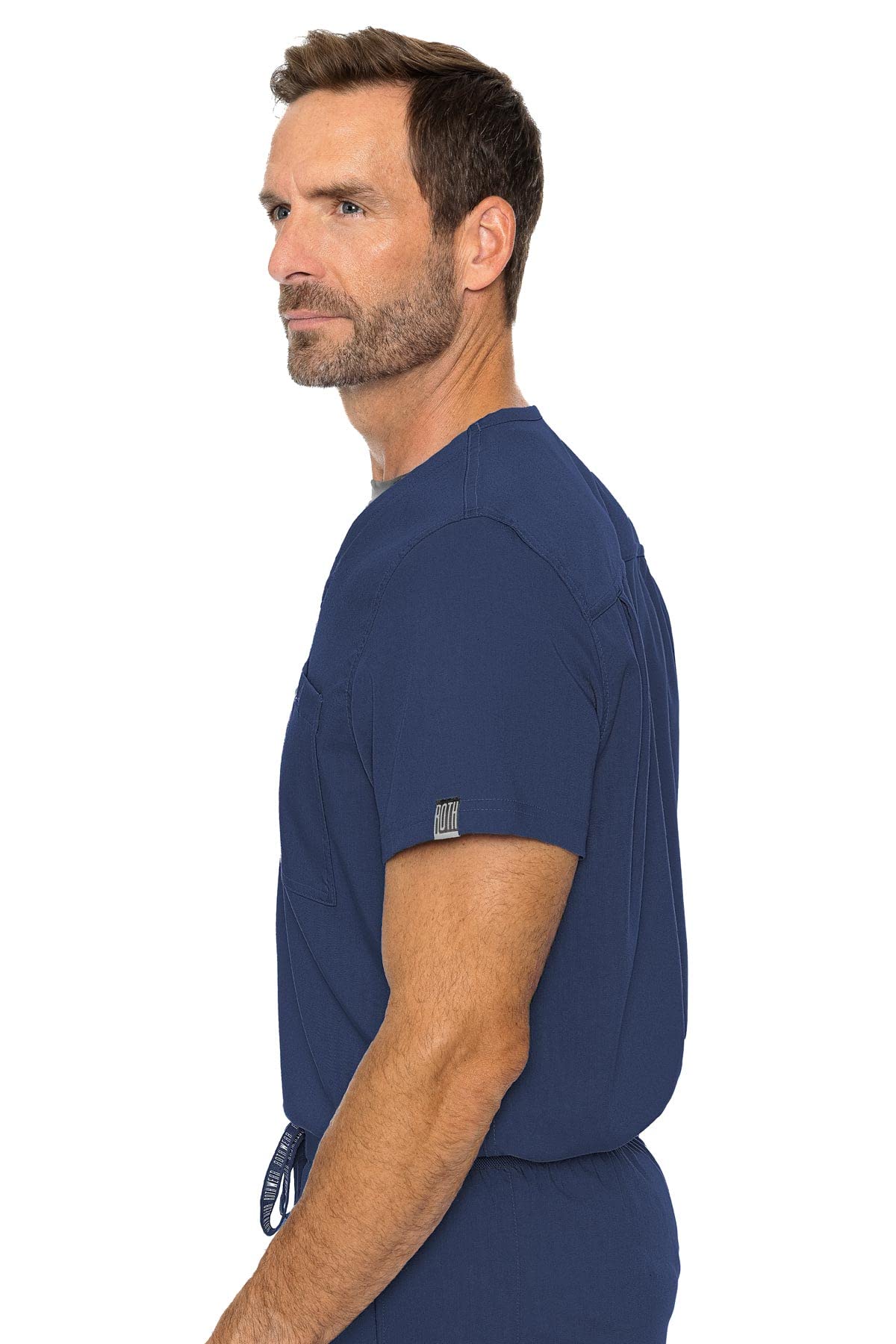 Med Couture Men's V-Neck Scrub Top, Tuckable Cadence One Pocket Scrub Top With 2-Way Stretch Technology MC7478, XL, Navy