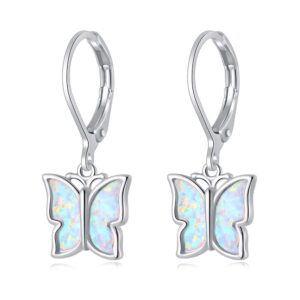 CiNily Butterfly Dangle Leverback Earrings for Women Opal Drop Earrings for Sensitive Ears White Gold Plated Cute Jewelry