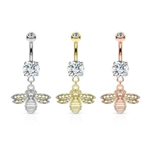 Dynamique Bee With AB Crystal Paved Wings Dangle Double Jeweled 316L Surgical Steel Belly Button Rings (Sold Per Piece)