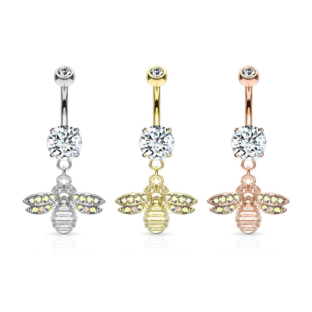 Dynamique Bee With AB Crystal Paved Wings Dangle Double Jeweled 316L Surgical Steel Belly Button Rings (Sold Per Piece)