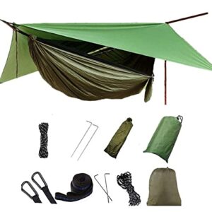 Camping Hammock with Rain Fly Tarp and Mosquito Net with Tree Straps，1/2 Person Portable Hammocks with Rain Cover for Indoor Outdoor Backpacking Hiking Travel Yard Activities Green