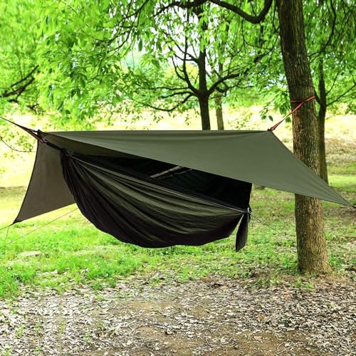 Camping Hammock with Rain Fly Tarp and Mosquito Net with Tree Straps，1/2 Person Portable Hammocks with Rain Cover for Indoor Outdoor Backpacking Hiking Travel Yard Activities Green