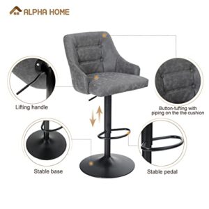 ALPHA HOME Swivel Bar Stool Adjustable Airlift Counter Height Bar Stool Kitchen Dining Cafe Hydraulic PU Leather Bar Chair with Padded Back and Black Chromed Metal Base, Grey,1PC