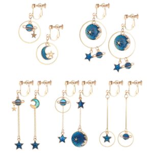 sailimue 5pairs clip on earrings dangle set for women teen girls cute moon and star earrings non pierced ear clip saturn earrings