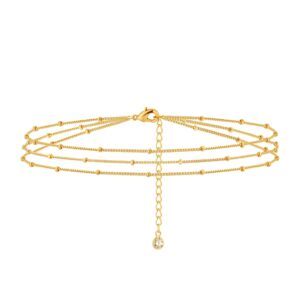 Fettero 14K Gold Bracelet for Women Gold Plated Bracelet Dainty Chain Gold Beaded Bracelet Paperclip/Curb/Figaro/Satellite Chain Adjustable Bracelet Jewelry -Satellite 3 Layer Gold