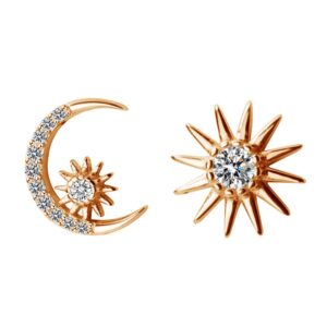 Crystal Star Crescent Moon Stud Earrings S925 Sterling Silver Dainty Clear CZ Diamond Sun Asymmetrical Ear Studs Piercing Earring Delicate Jewelry Gifts for Women Sensitive Ears (Rose Gold)