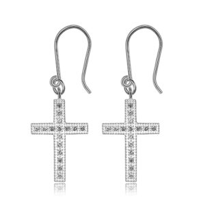 ELEGANZIA Dangle Cross Earrings for Women Sterling Silver Cubic Zirconia Christian Religious Minimalist Jewelry