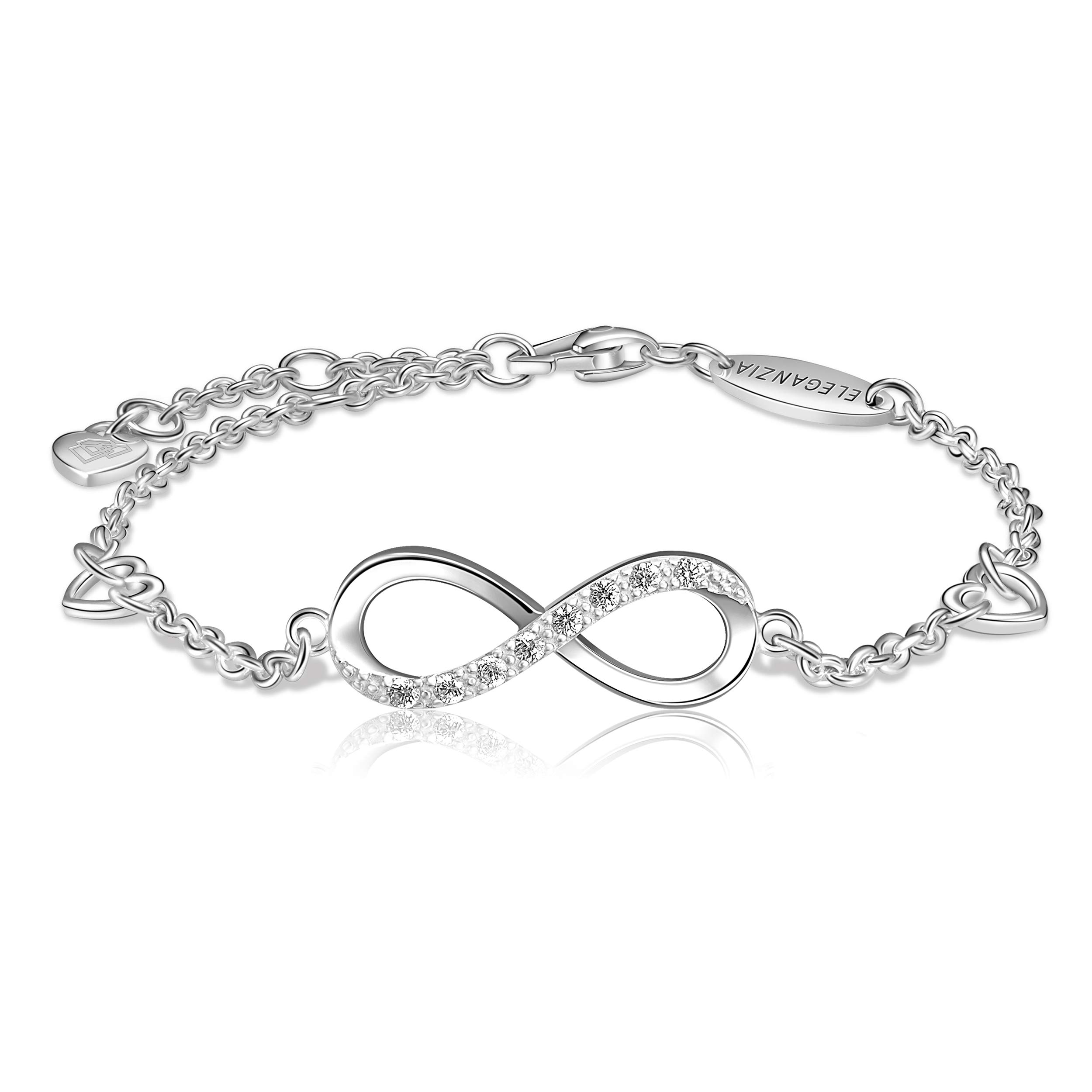 ELEGANZIA Infinity Bracelet for Women Sterling Silver Jewelry Cubic Zirconia, Adjustable Bracelet with Love Heart Charm Bracelet