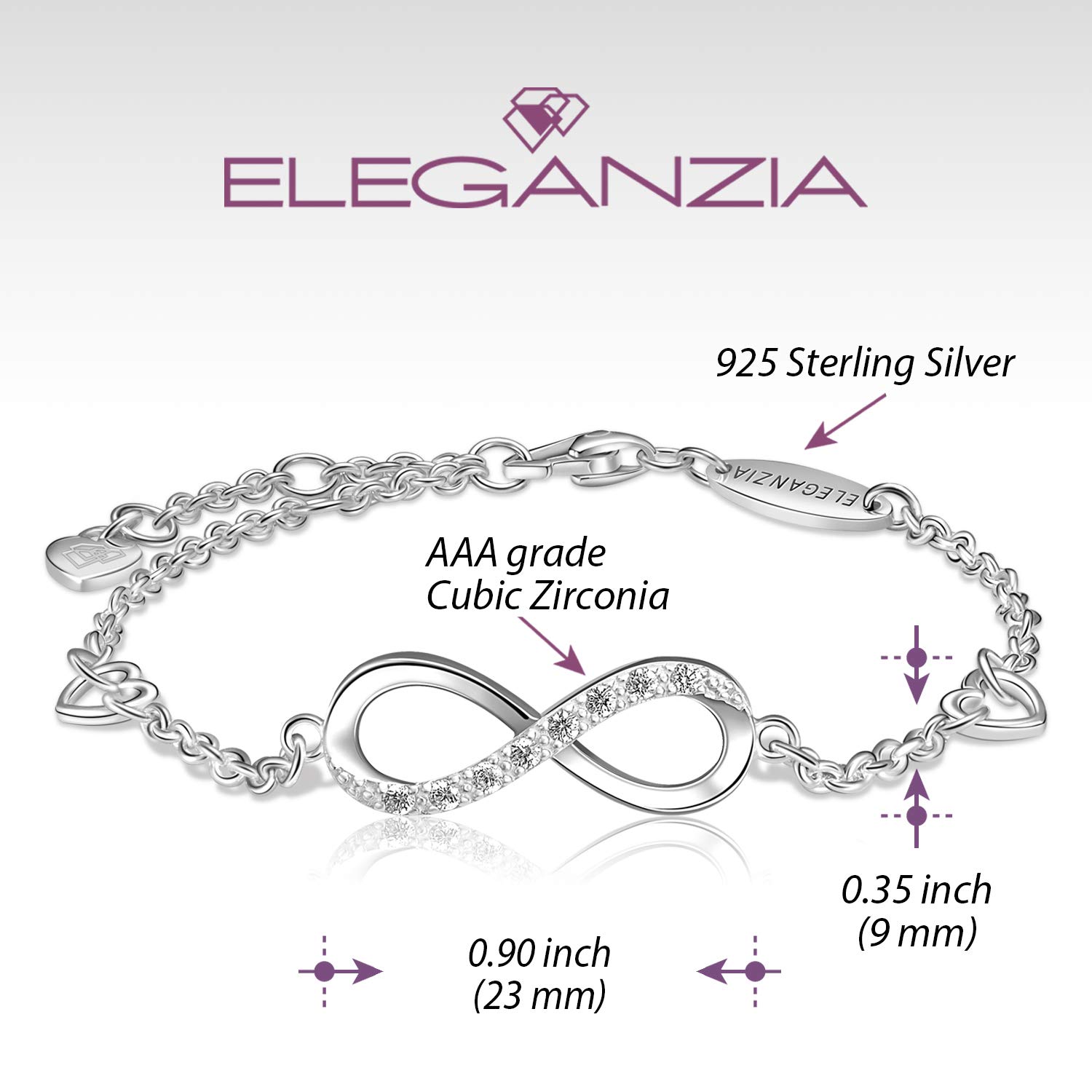 ELEGANZIA Infinity Bracelet for Women Sterling Silver Jewelry Cubic Zirconia, Adjustable Bracelet with Love Heart Charm Bracelet