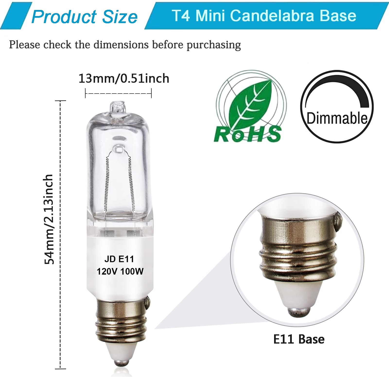 4 Pack JDE11 Bulb,120V 100W Halogen Candelabra Bulbs,T4 Mini Base JD E11 Bulb ,Dimmable 2700K Warm White（Replacement E11 LED bulb,for Chandeliers,Candelabra,Ceiling Fan, Table Lamps, Cabinet Lighting