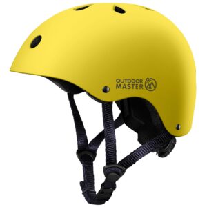 outdoormaster youth & kids bike helmet - adjustable multi-sports skateboard helmet with removable liners for balance bike, toddler scooter, one wheel hoverboard - yellow - m