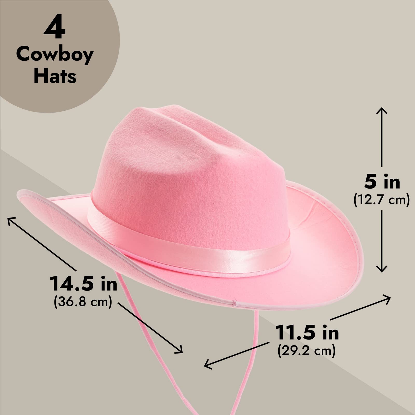 Zodaca 4-Pack Pink Cowboy Hats for Girls - Cute Felt Cowgirl Hats for Costume, Dress Up Party (One Size Fits All)