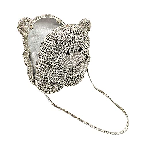 Boutique De FGG Hollow Silver Bear Evening Bag Women Crystal Clutch Purse Party Cocktail Animal Rhinestone Clutch Handbag, Mini