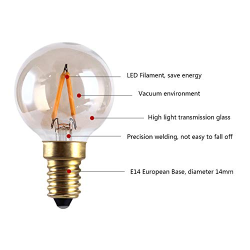 E14 Vintage Edison LED Light Bulbs 1W Non-Dimmable, European Base Warm White 2200K 10 Watt Replacement G40 Equivalent Filament Mini Globe Bulb for Decorative Lamp, Amber Glow, 110V (6 Pack)