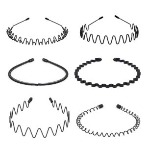 Nomakk 6 Pieces Metal Headbands Wavy Hairband Spring Hair Hoop Sports Fashion Hair Bands Unisex Black Elastic Non Slip Simple Headwear Accessories