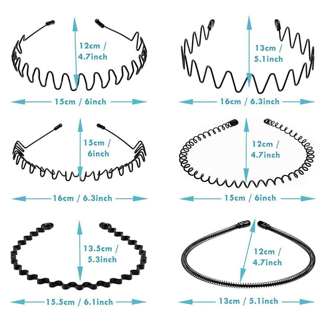 Nomakk 6 Pieces Metal Headbands Wavy Hairband Spring Hair Hoop Sports Fashion Hair Bands Unisex Black Elastic Non Slip Simple Headwear Accessories