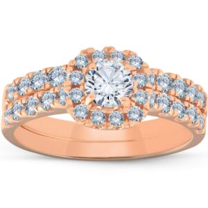 1 1/4 ct diamond cushion halo engagement wedding ring set 14k rose gold - size 5.5