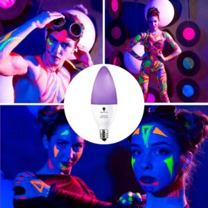 2 Pack LED Black Light Bulb, 6W E12 Candle Blacklight Bulb Level 385-400nm, Body Paint, Glow in The Dark Party E12 LED Light Bulb Neon Glow Fluorescent Poster Candelabra Bulbs