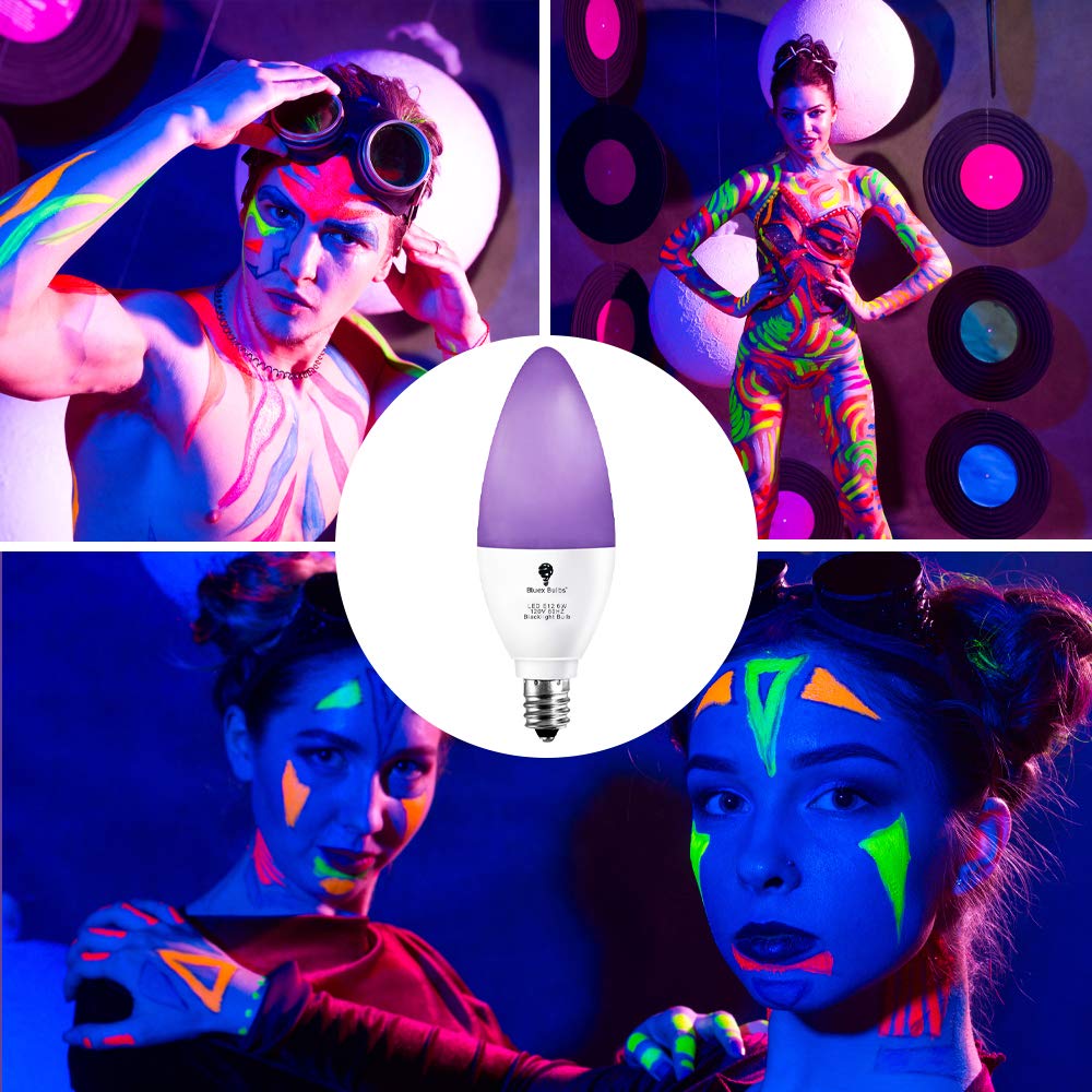 2 Pack LED Black Light Bulb, 6W E12 Candle Blacklight Bulb Level 385-400nm, Body Paint, Glow in The Dark Party E12 LED Light Bulb Neon Glow Fluorescent Poster Candelabra Bulbs