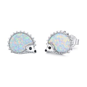 Opal Hedgehog Earrings 925 Sterling Sliver Hedgehog Earrings Tiny Cute Animal Stud Hedgehog Gift for Women with Gift Box (White)