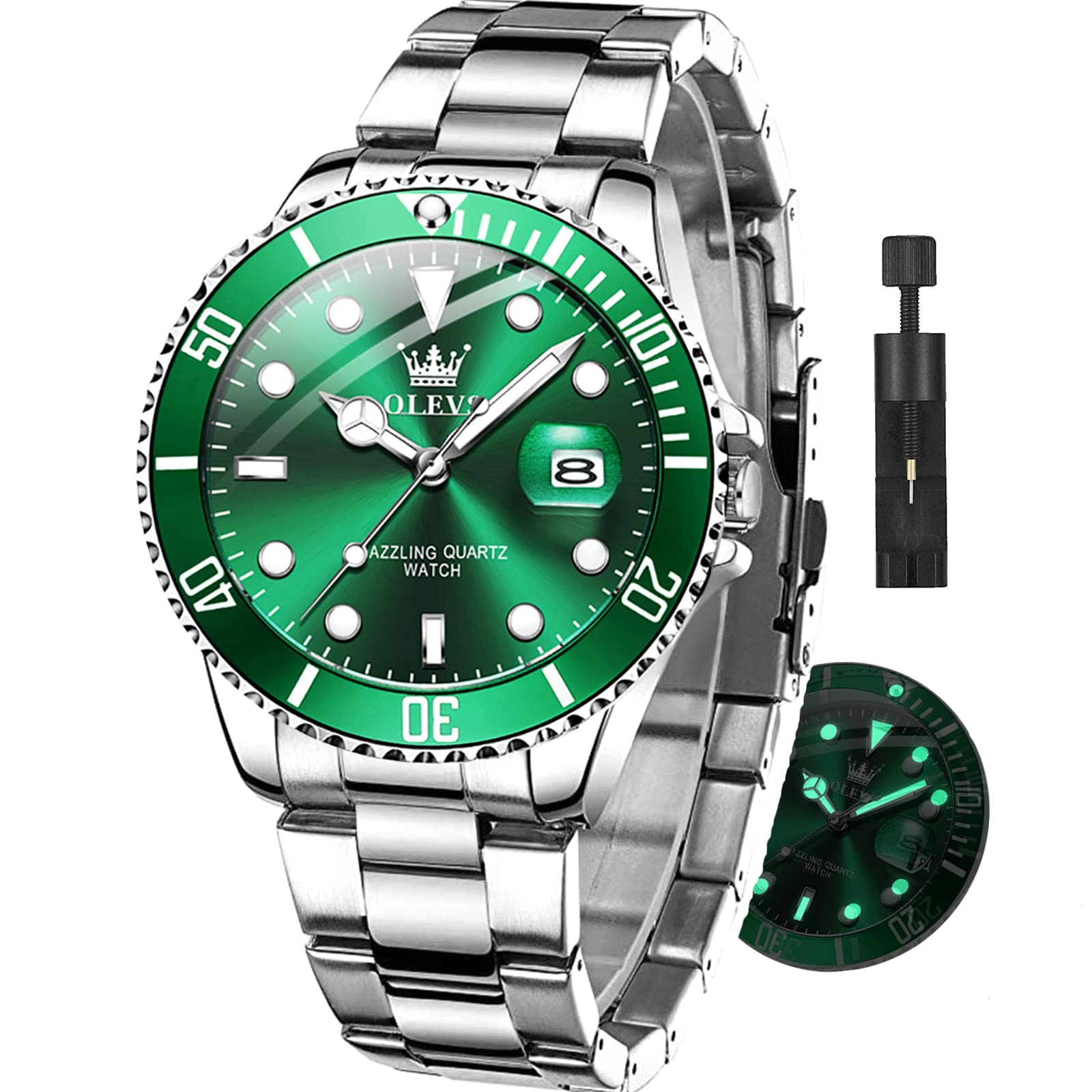 OLEVS Luxury Stainless Steel Watch With Date, Green And Silver,Dress Watches Waterproof ,Business Big Quartz Watch,Mens Fashion Watch relojes de hombre