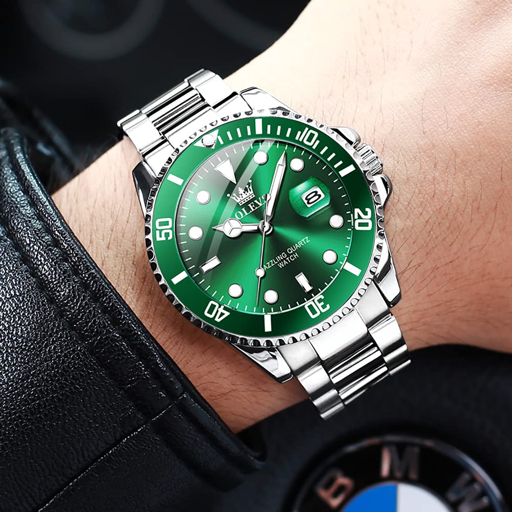 OLEVS Luxury Stainless Steel Watch With Date, Green And Silver,Dress Watches Waterproof ,Business Big Quartz Watch,Mens Fashion Watch relojes de hombre