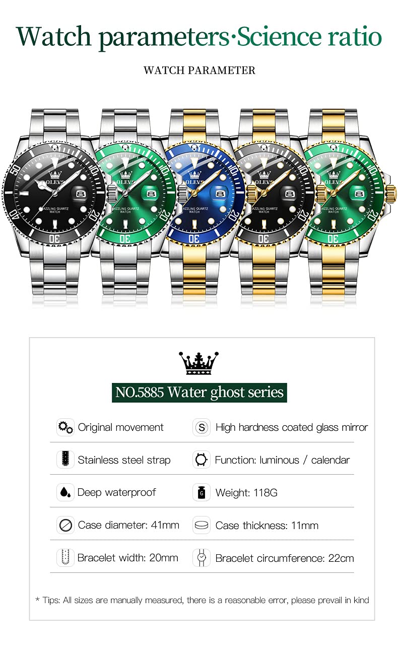 OLEVS Luxury Stainless Steel Watch With Date, Green And Silver,Dress Watches Waterproof ,Business Big Quartz Watch,Mens Fashion Watch relojes de hombre