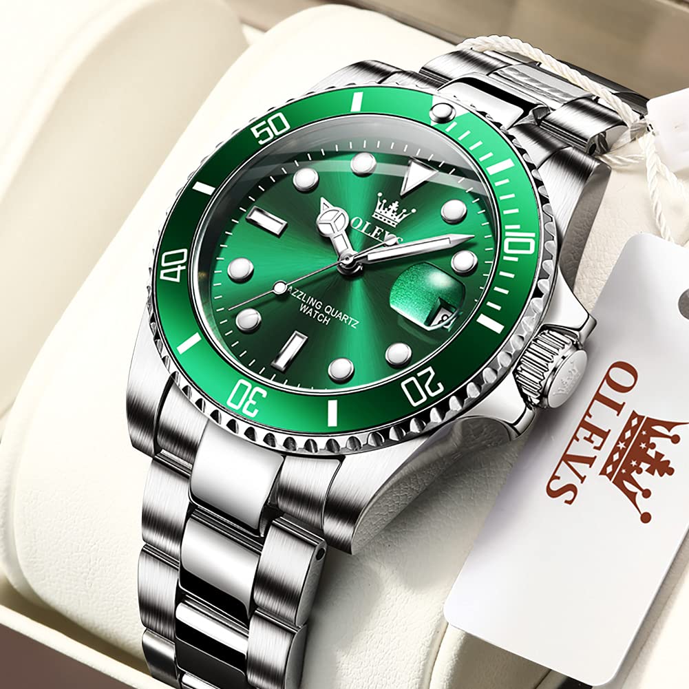 OLEVS Luxury Stainless Steel Watch With Date, Green And Silver,Dress Watches Waterproof ,Business Big Quartz Watch,Mens Fashion Watch relojes de hombre