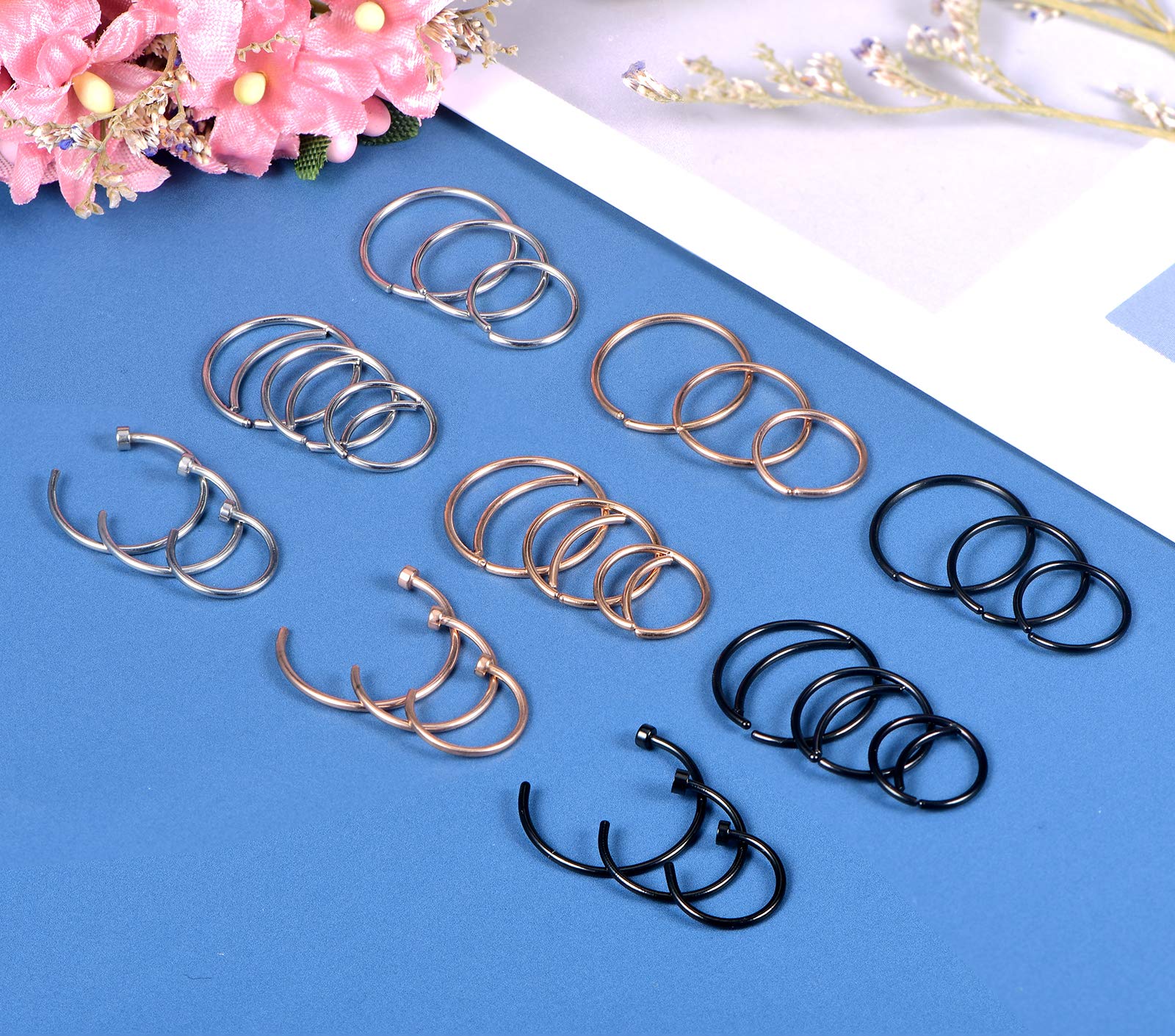 FECTAS Nose Ring Surgical Steel 20g Gauge 8mm 10mm 12mm Piercing Hoops Jewelry 27PCS