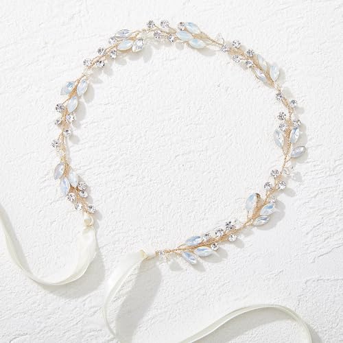 SWEETV Leaf Wedding Headpieces for Bride Opal Bridal Headband with Crystal Women Handmade Wedding Hair Accessories