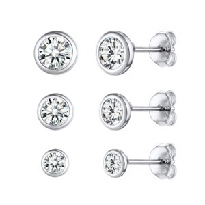 ChicSilver Sterling Silver Stud Earrings for Women Men- 3 Pairs Hypoallergenic Tiny Simulated Diamond Round Cubic Zirconia Ear Stud Set for Sensitive Ears