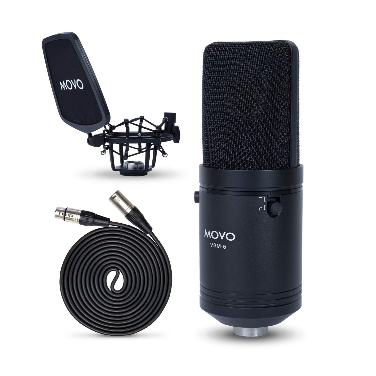 Movo VSM-5 Large Diaphragm XLR Studio Cardioid Condenser Microphone with Shock Mount, Pop Filter, and XLR Cable - Ideal Mic for Vocals, Podcasting, Streaming, Broadcasting, ASMR, and More