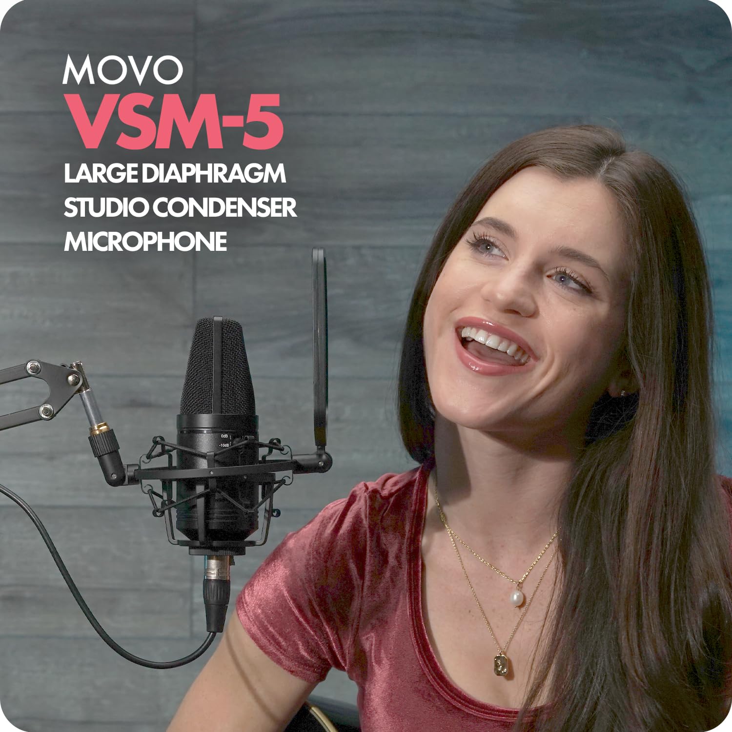 Movo VSM-5 Large Diaphragm XLR Studio Cardioid Condenser Microphone with Shock Mount, Pop Filter, and XLR Cable - Ideal Mic for Vocals, Podcasting, Streaming, Broadcasting, ASMR, and More