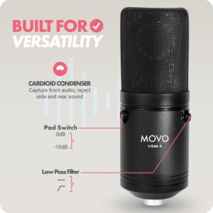 Movo VSM-5 Large Diaphragm XLR Studio Cardioid Condenser Microphone with Shock Mount, Pop Filter, and XLR Cable - Ideal Mic for Vocals, Podcasting, Streaming, Broadcasting, ASMR, and More