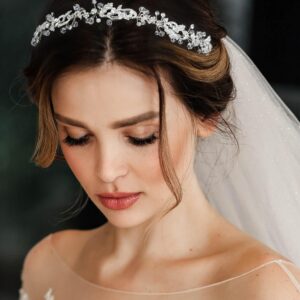 SWEETV Silver Wedding Headpieces for Bride Handmade Bridal Headband with Rhinestones Hair Accessories Hair Vine for Women