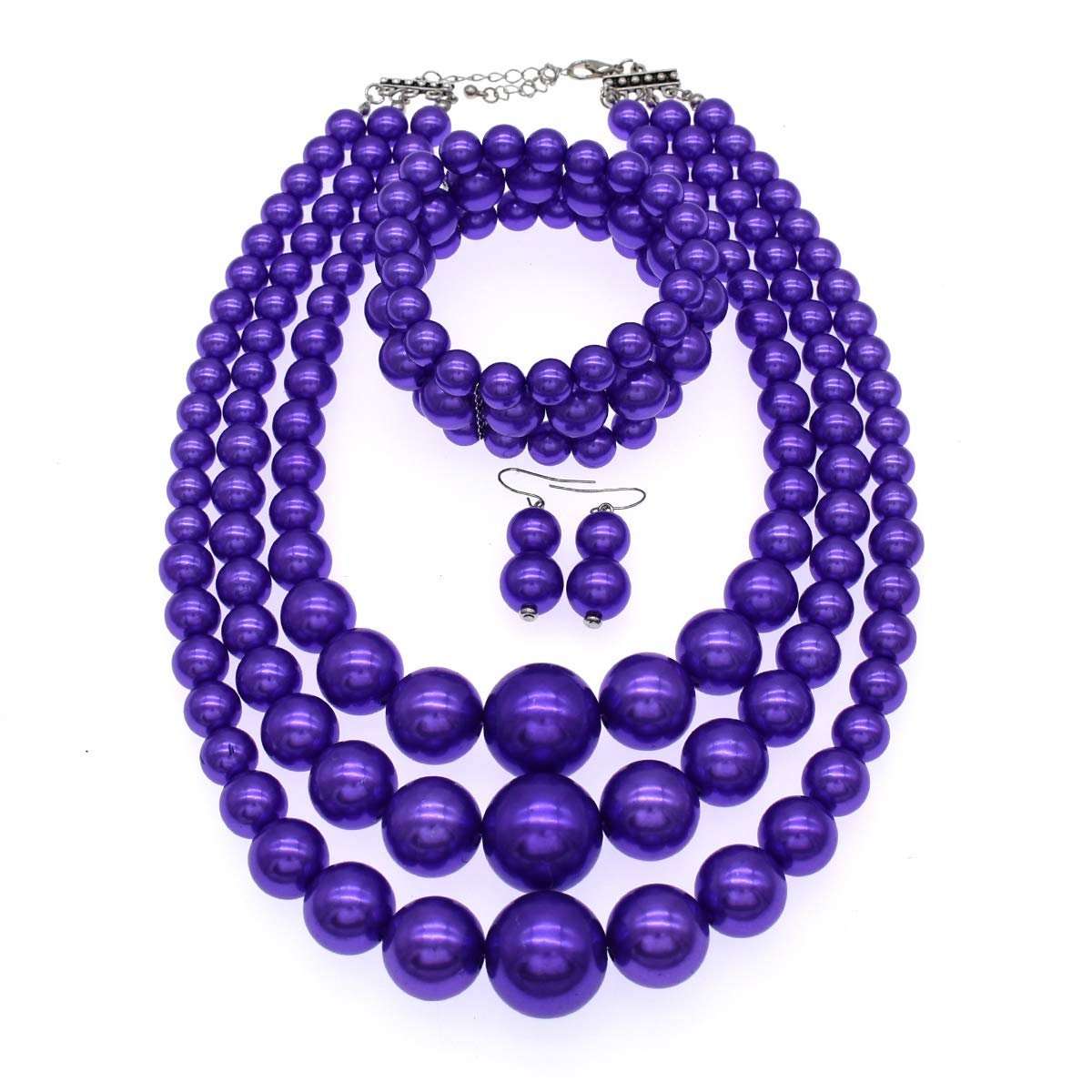 Big Pearl Necklace for Women Chunky Pearl Necklace and Earring Set Large Pearl Costume Necklace 1920s Pearl Necklace Faux Pearls Gatsby Accessories (Purple Pearl Necklace set)