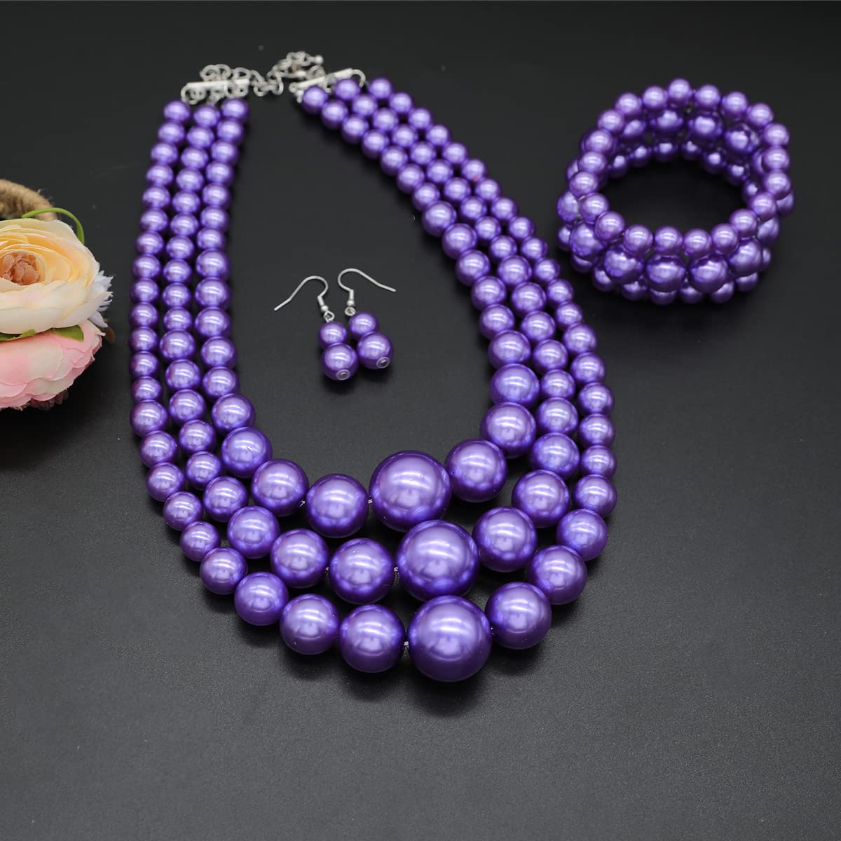 Big Pearl Necklace for Women Chunky Pearl Necklace and Earring Set Large Pearl Costume Necklace 1920s Pearl Necklace Faux Pearls Gatsby Accessories (Purple Pearl Necklace set)