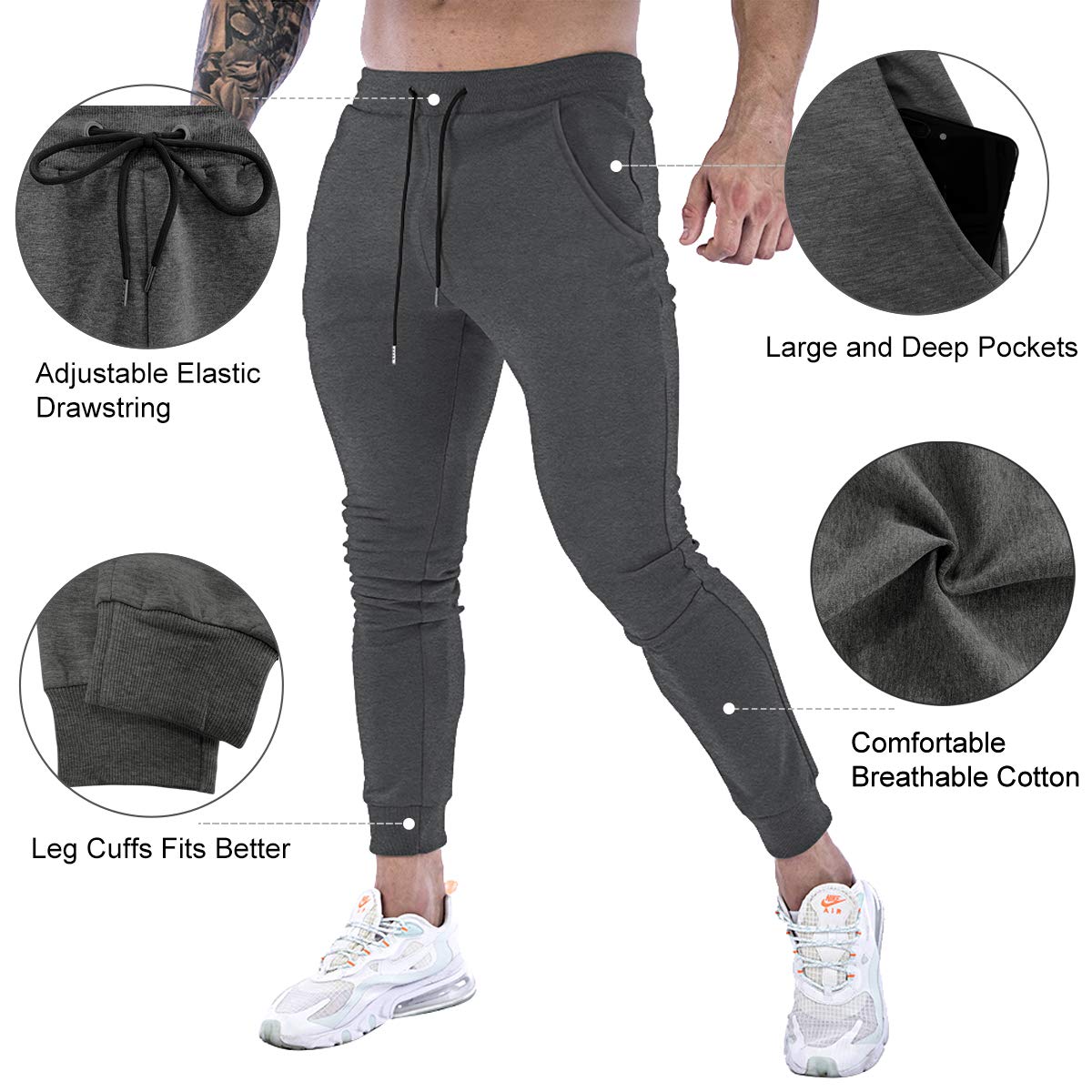 Wangdo Men's Slim Joggers Gym Workout Pants,Sport Training Tapered Sweatpants,Casual Athletics Joggers for Running (Dark Grey-XXL)