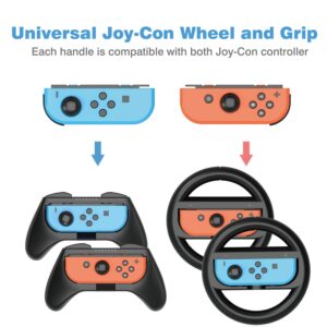 HEYSTOP Wheel Controller for Nintendo Switch & Switch OLED Model 2021 (4 Pack) Joy Con Controller Grip and Switch Steering Wheel for Mario Kart (Black)